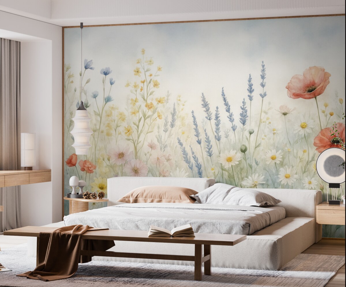 Fototapeta Kwiaty polne oraz maki w technice pociągnięć.