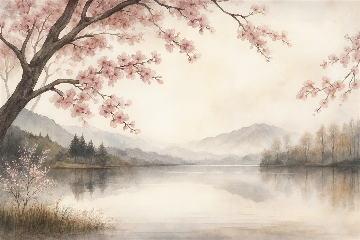 Fototapeta cichy akwarelowy pejzaż z stawem i kwitnącym drzewem