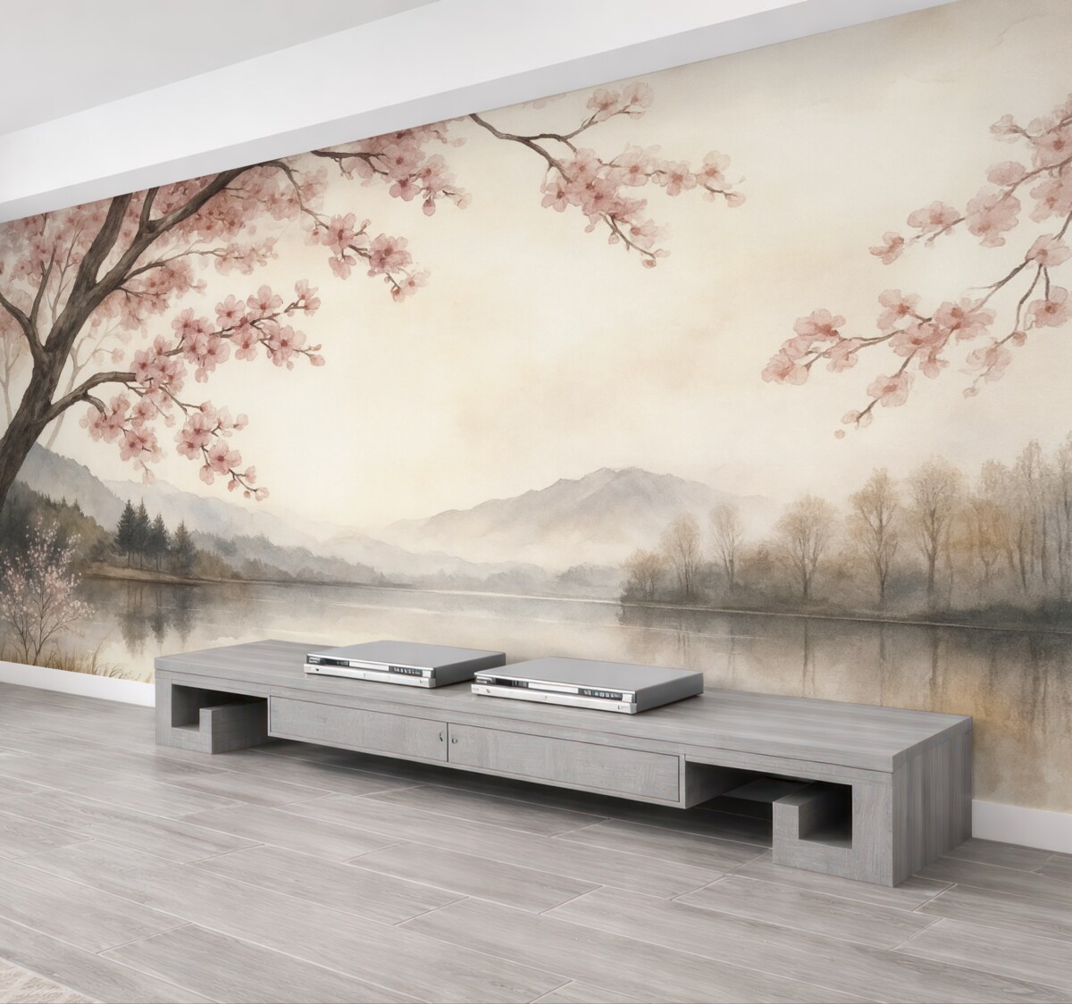 Fototapeta cichy akwarelowy pejzaż z stawem i kwitnącym drzewem