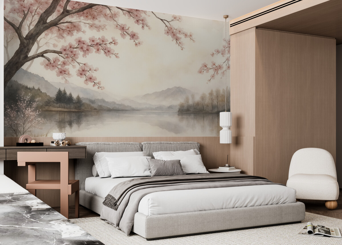 Fototapeta cichy akwarelowy pejzaż z stawem i kwitnącym drzewem