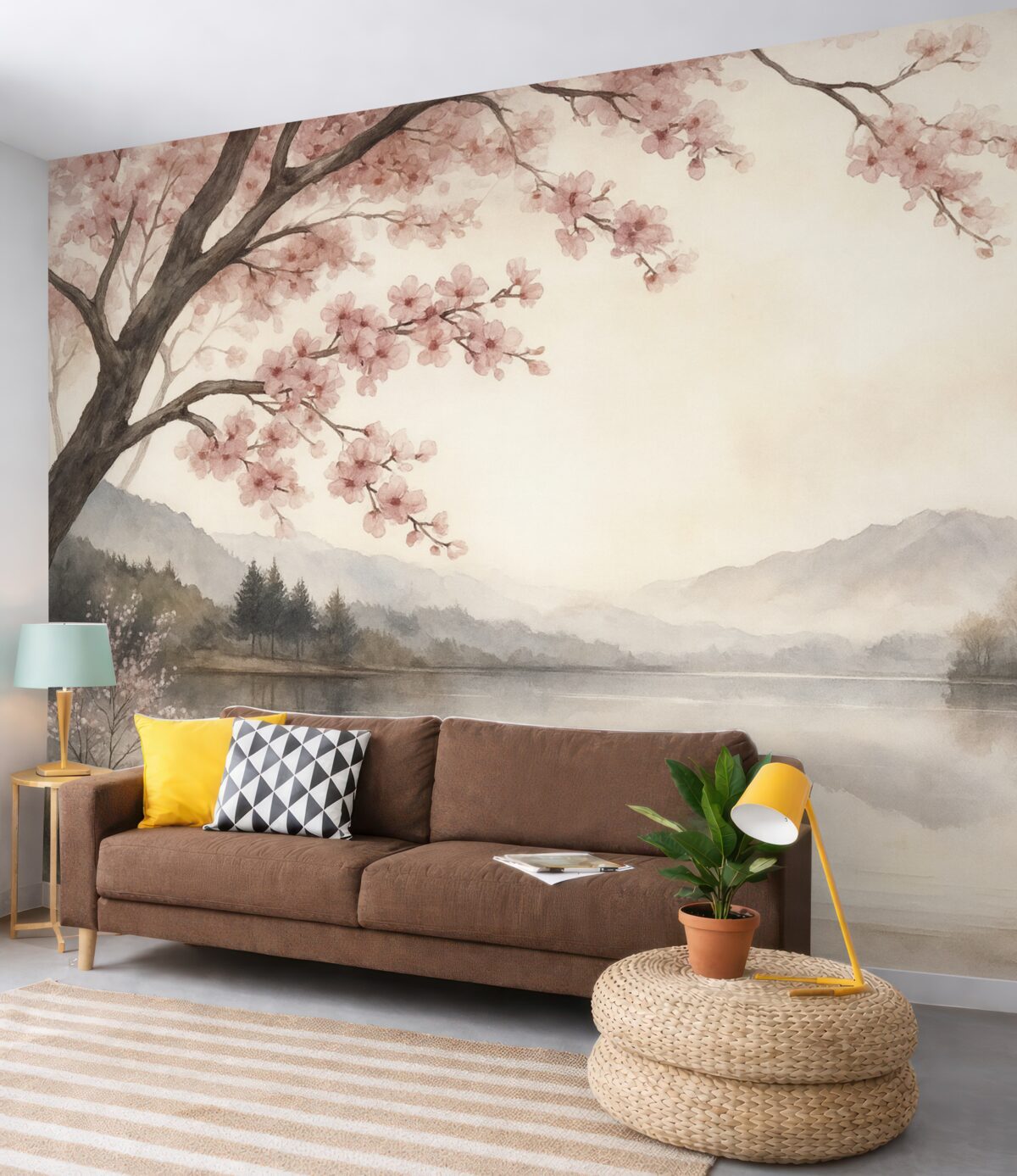 Fototapeta cichy akwarelowy pejzaż z stawem i kwitnącym drzewem