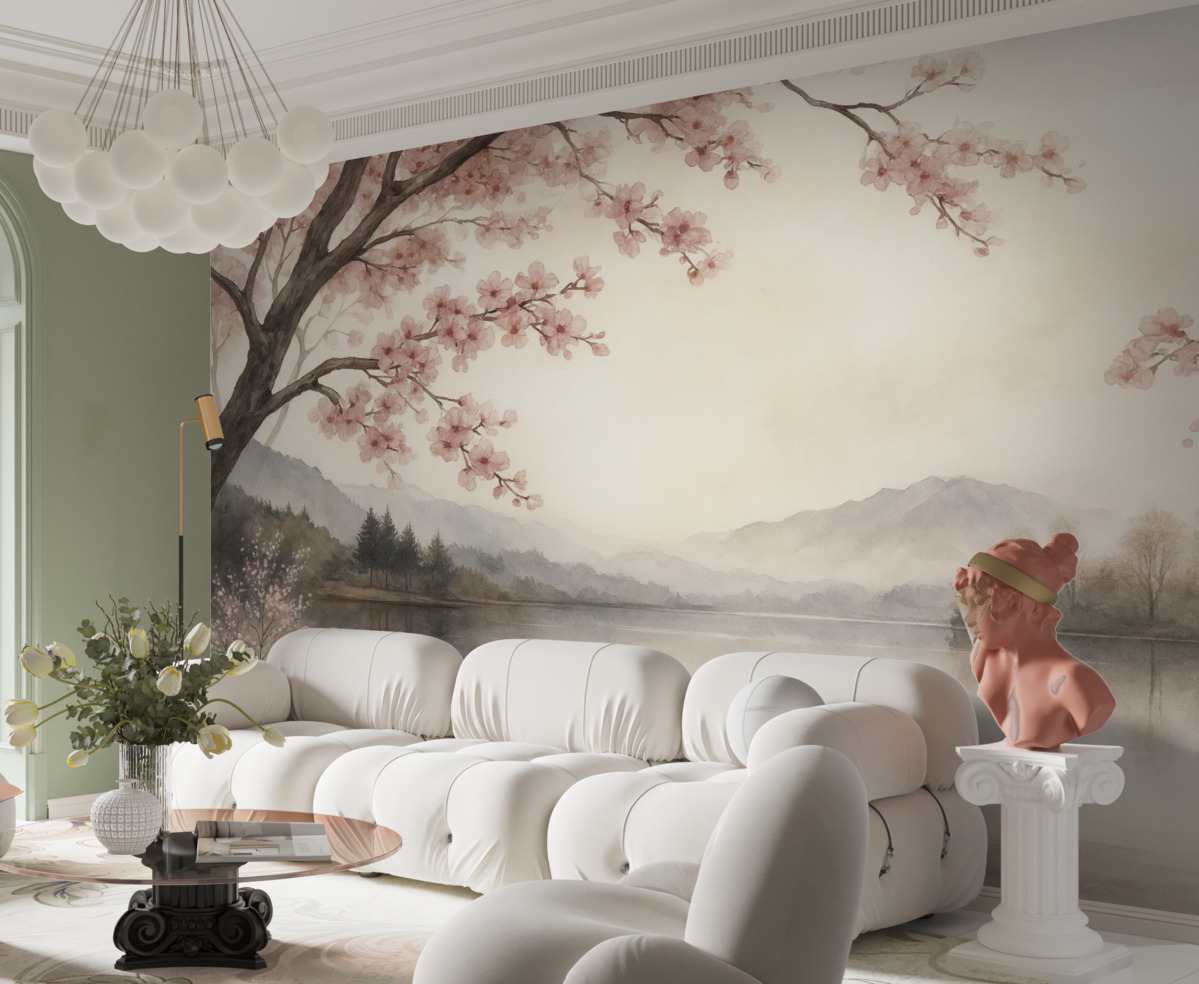 Fototapeta cichy akwarelowy pejzaż z stawem i kwitnącym drzewem