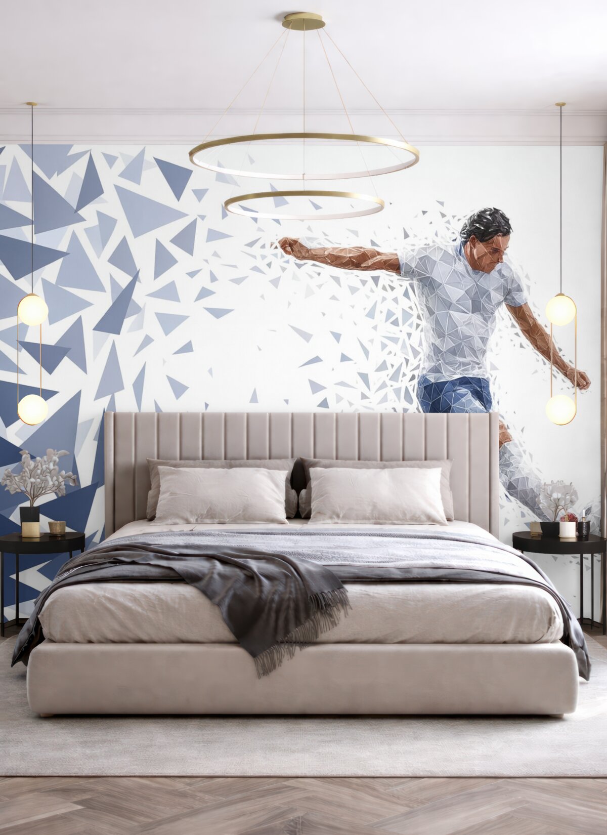 Fototapeta Dynamiczny zawodnik w stylu low-poly, kopiący piłkę.