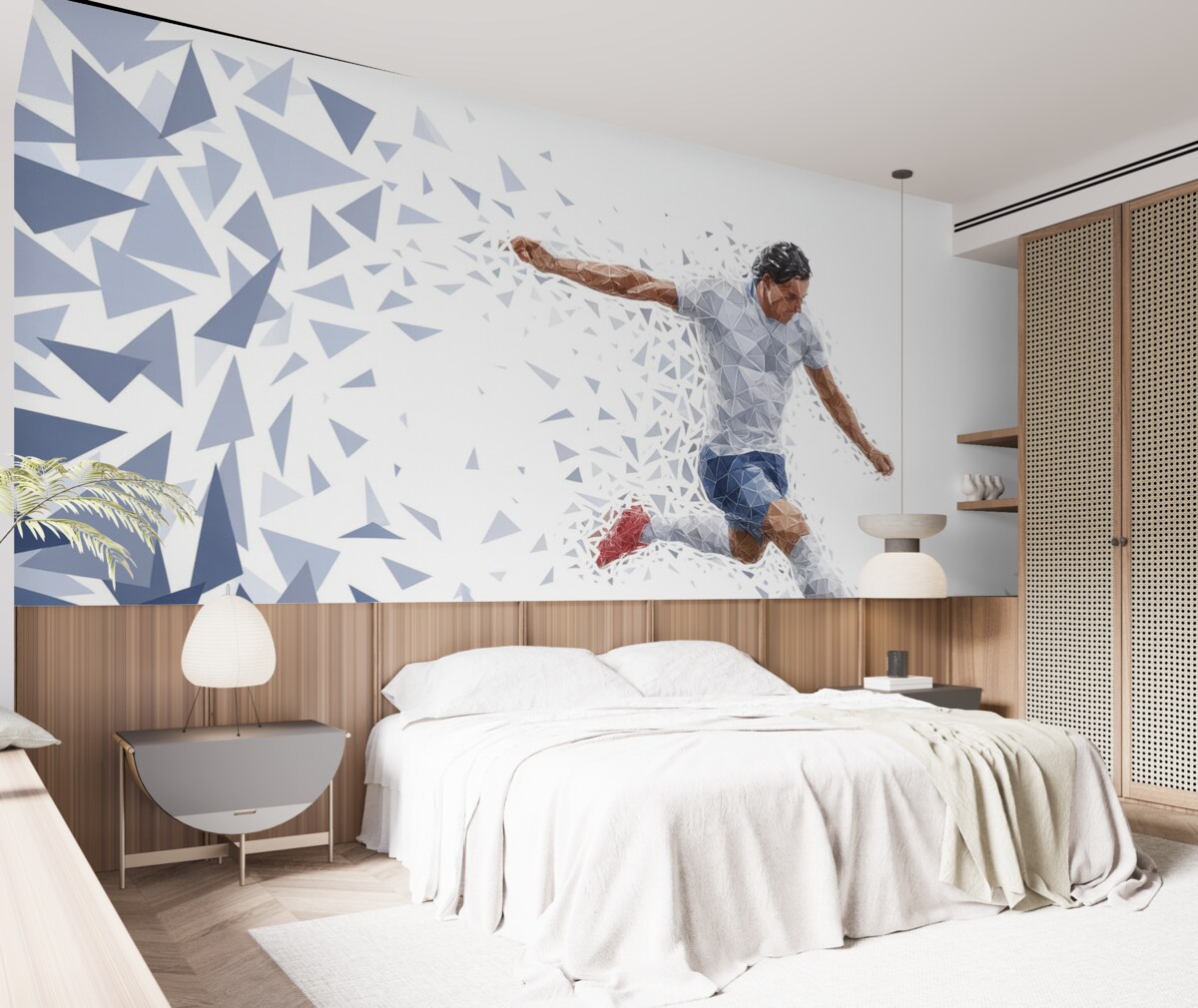 Fototapeta Dynamiczny zawodnik w stylu low-poly, kopiący piłkę.