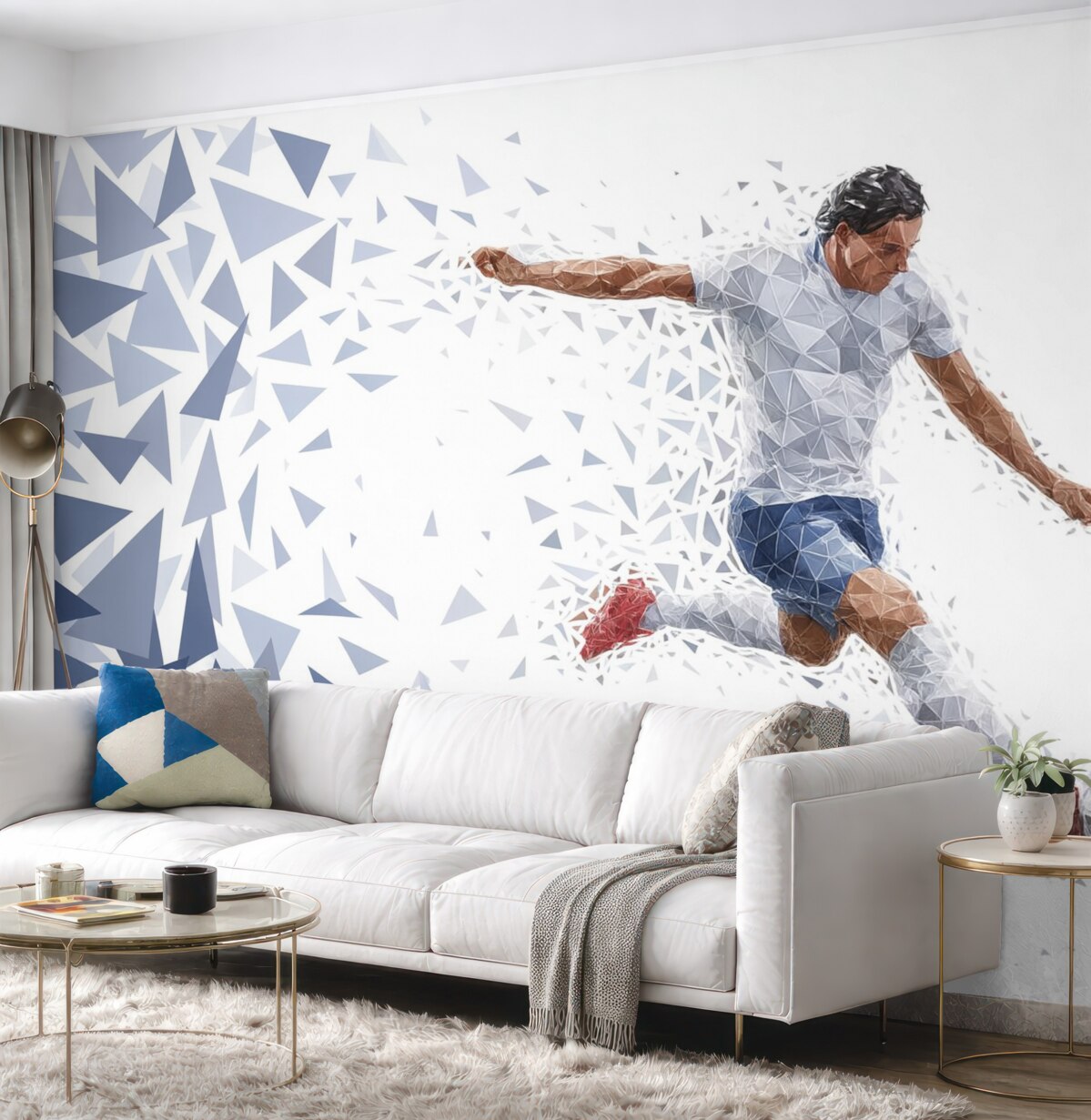 Fototapeta Dynamiczny zawodnik w stylu low-poly, kopiący piłkę.