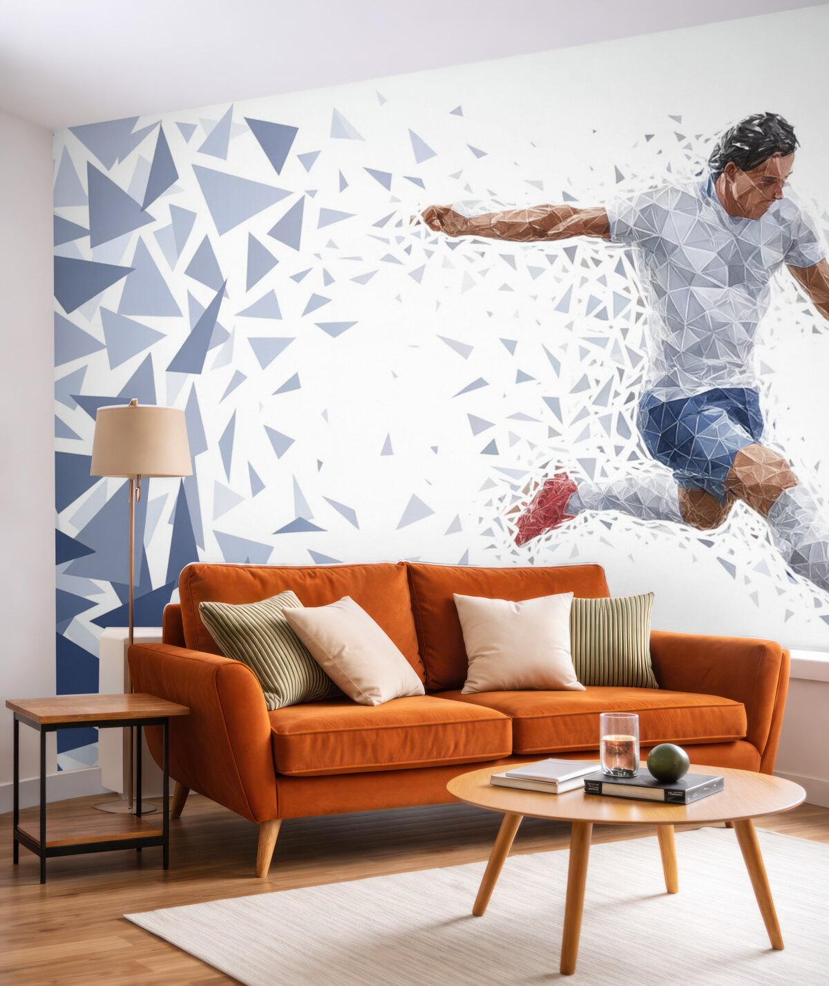 Fototapeta Dynamiczny zawodnik w stylu low-poly, kopiący piłkę.