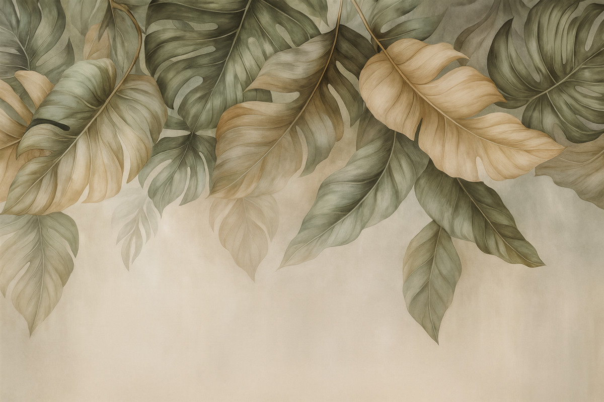 Fototapeta Tropikalne liście opadające z góry, na wzorzystym tle.