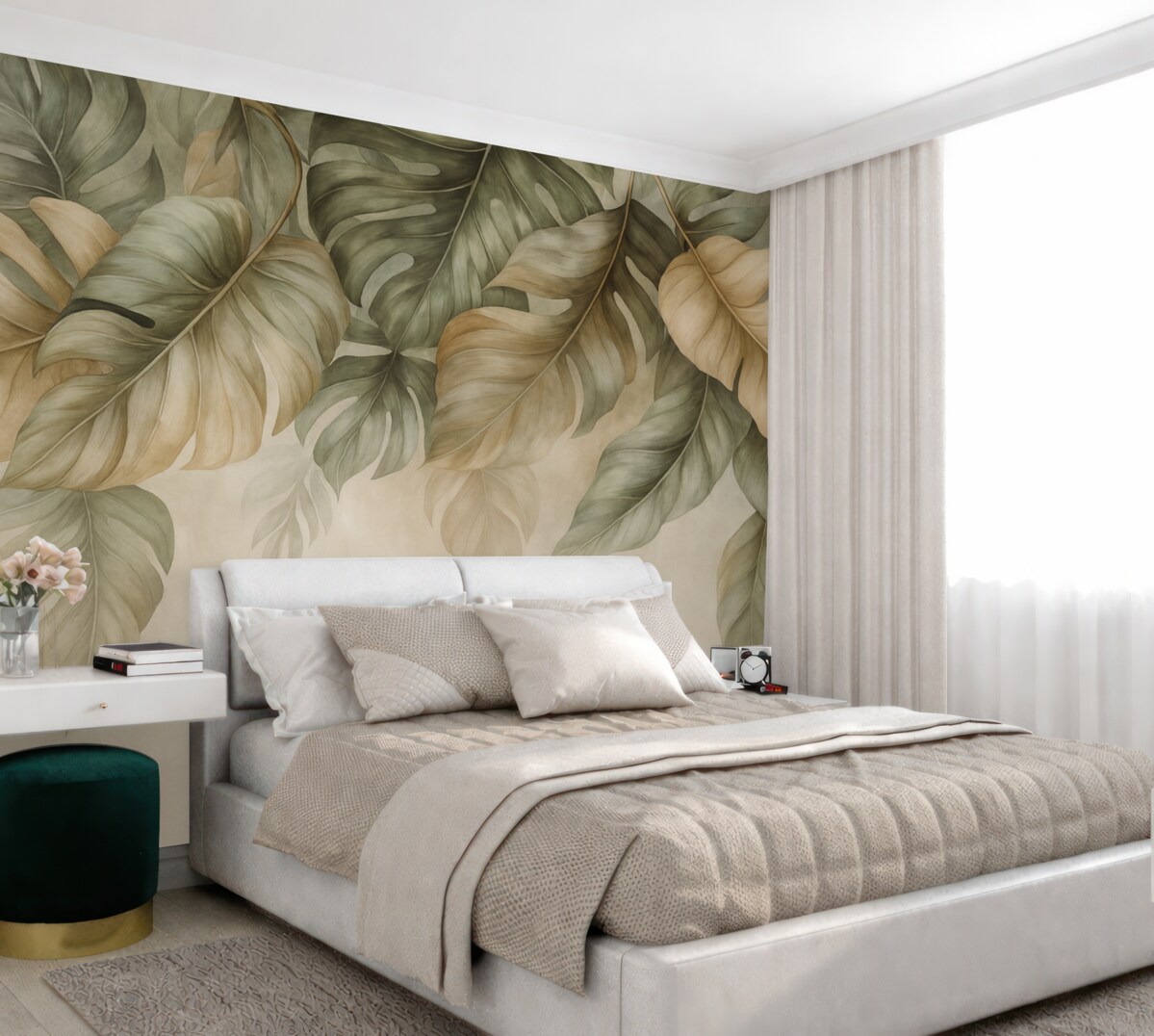 Fototapeta Tropikalne liście opadające z góry, na wzorzystym tle.