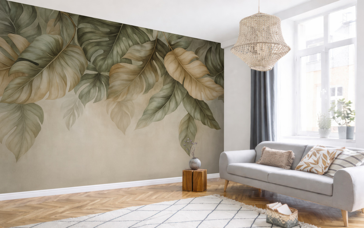 Fototapeta Tropikalne liście opadające z góry, na wzorzystym tle.