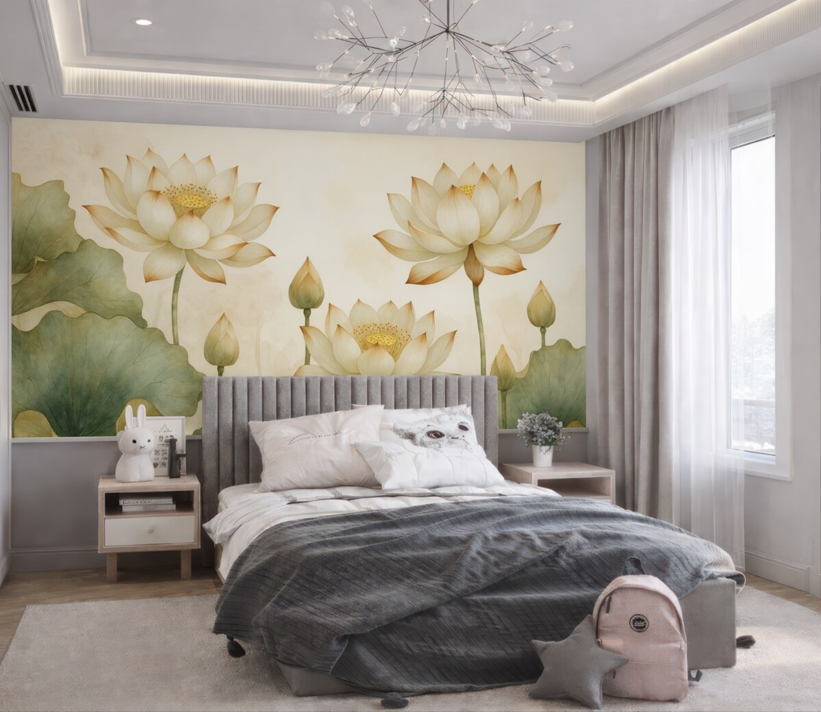 Fototapeta Stylowa ilustracja akwarelowa z subtelnymi kwiatami lotosu i łagodnym, naturalnym tłem.