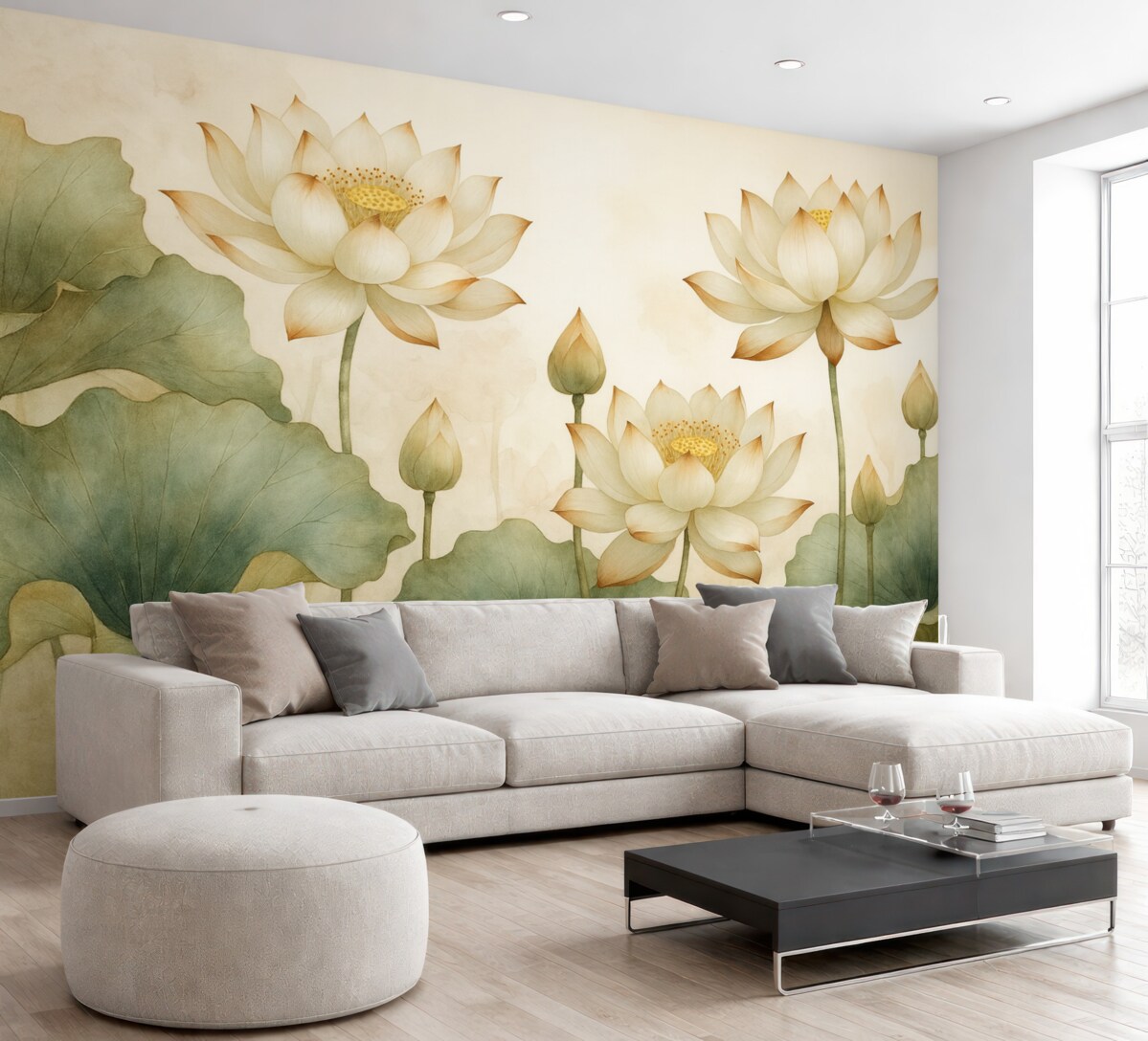 Fototapeta Stylowa ilustracja akwarelowa z subtelnymi kwiatami lotosu i łagodnym, naturalnym tłem.