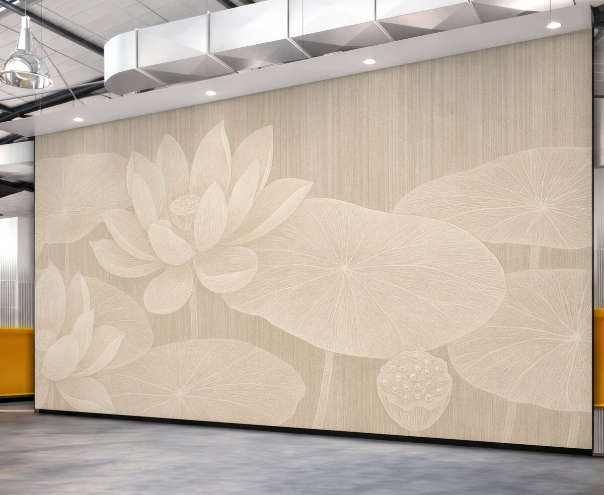 Fototapeta Elegancka grafika lotosów oraz płatków lilii w pastelowych kolorach z teksturowanym efektem lnu.