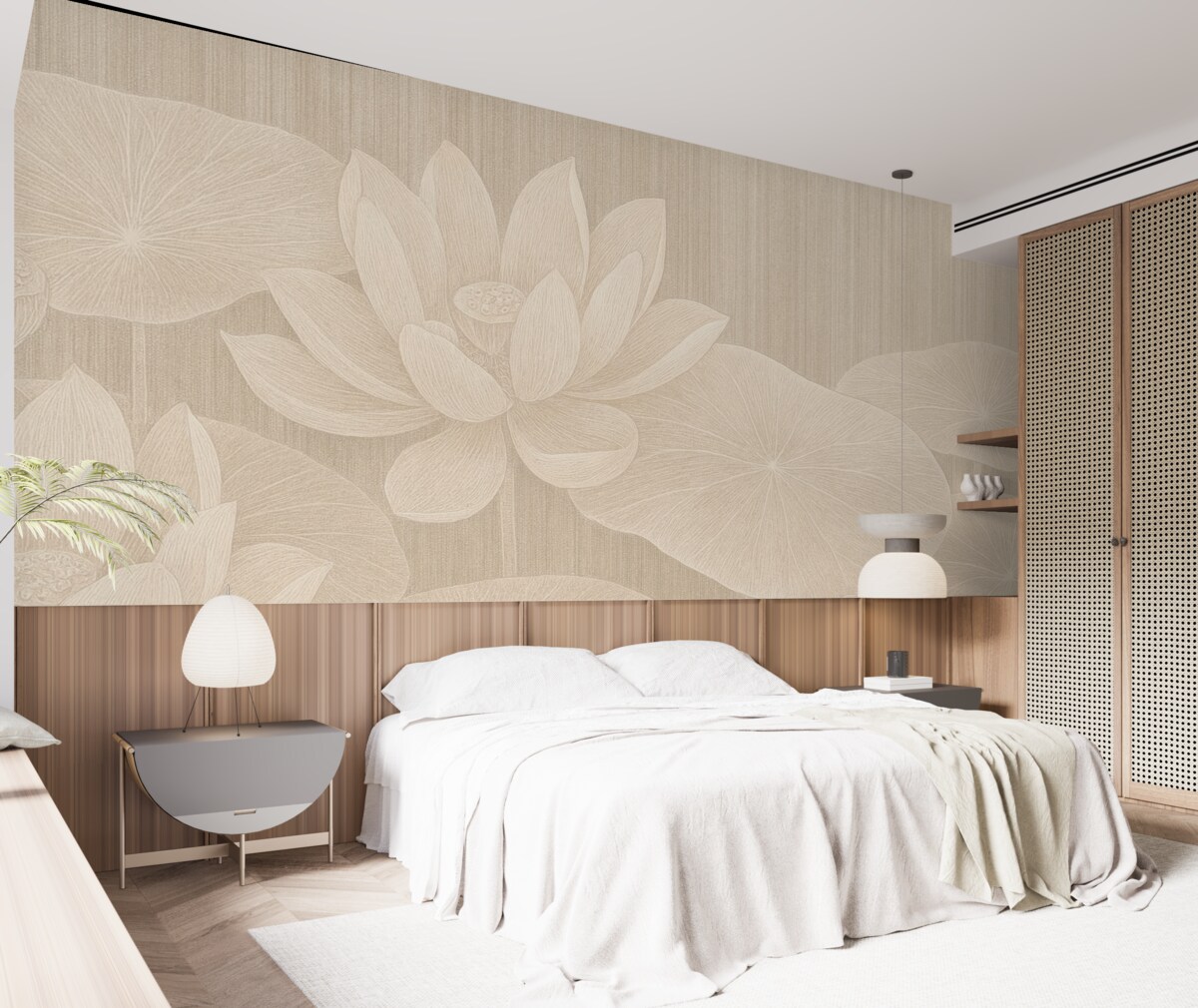 Fototapeta Elegancka grafika lotosów oraz płatków lilii w pastelowych kolorach z teksturowanym efektem lnu.