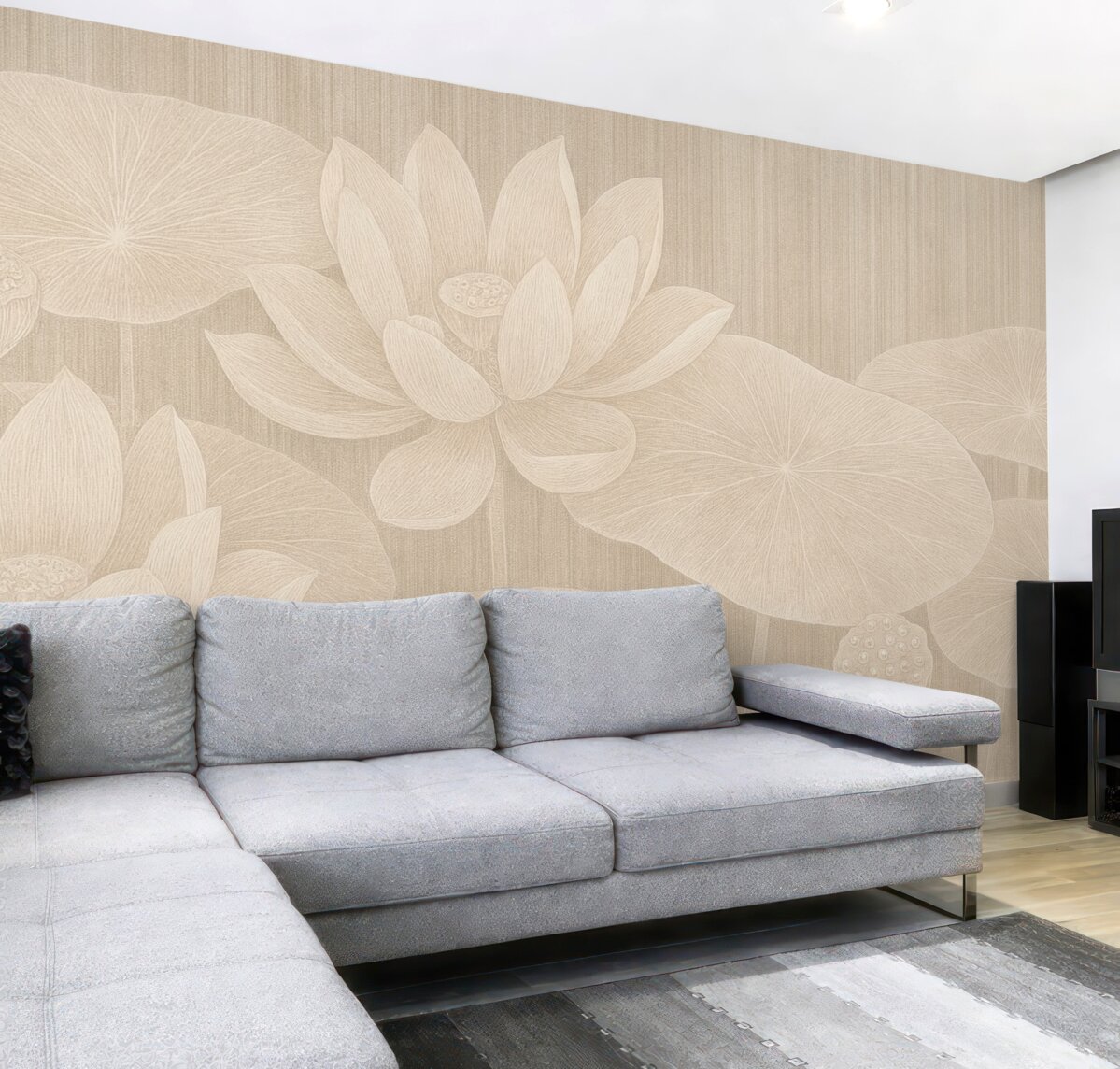 Fototapeta Elegancka grafika lotosów oraz płatków lilii w pastelowych kolorach z teksturowanym efektem lnu.