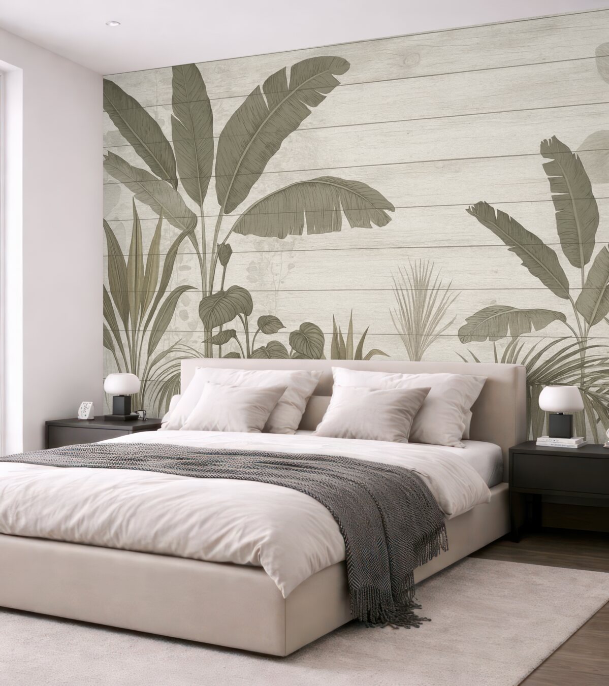 Fototapeta Stylowa ilustracja botaniczna z liśćmi bananowca oraz egzotycznymi roślinami na fakturowanym jasnym tle.