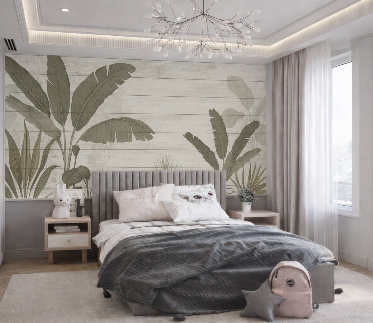 Fototapeta Stylowa ilustracja botaniczna z liśćmi bananowca oraz egzotycznymi roślinami na fakturowanym jasnym tle.