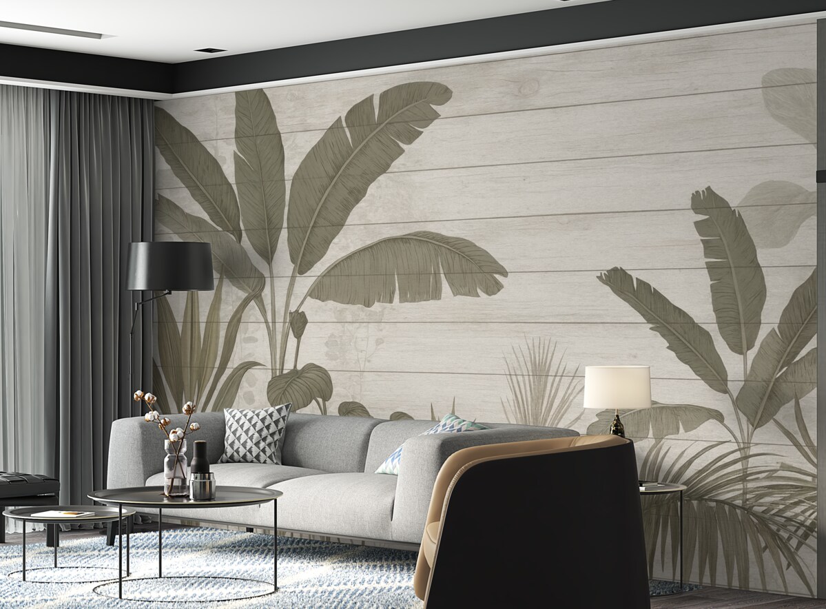 Fototapeta Stylowa ilustracja botaniczna z liśćmi bananowca oraz egzotycznymi roślinami na fakturowanym jasnym tle.