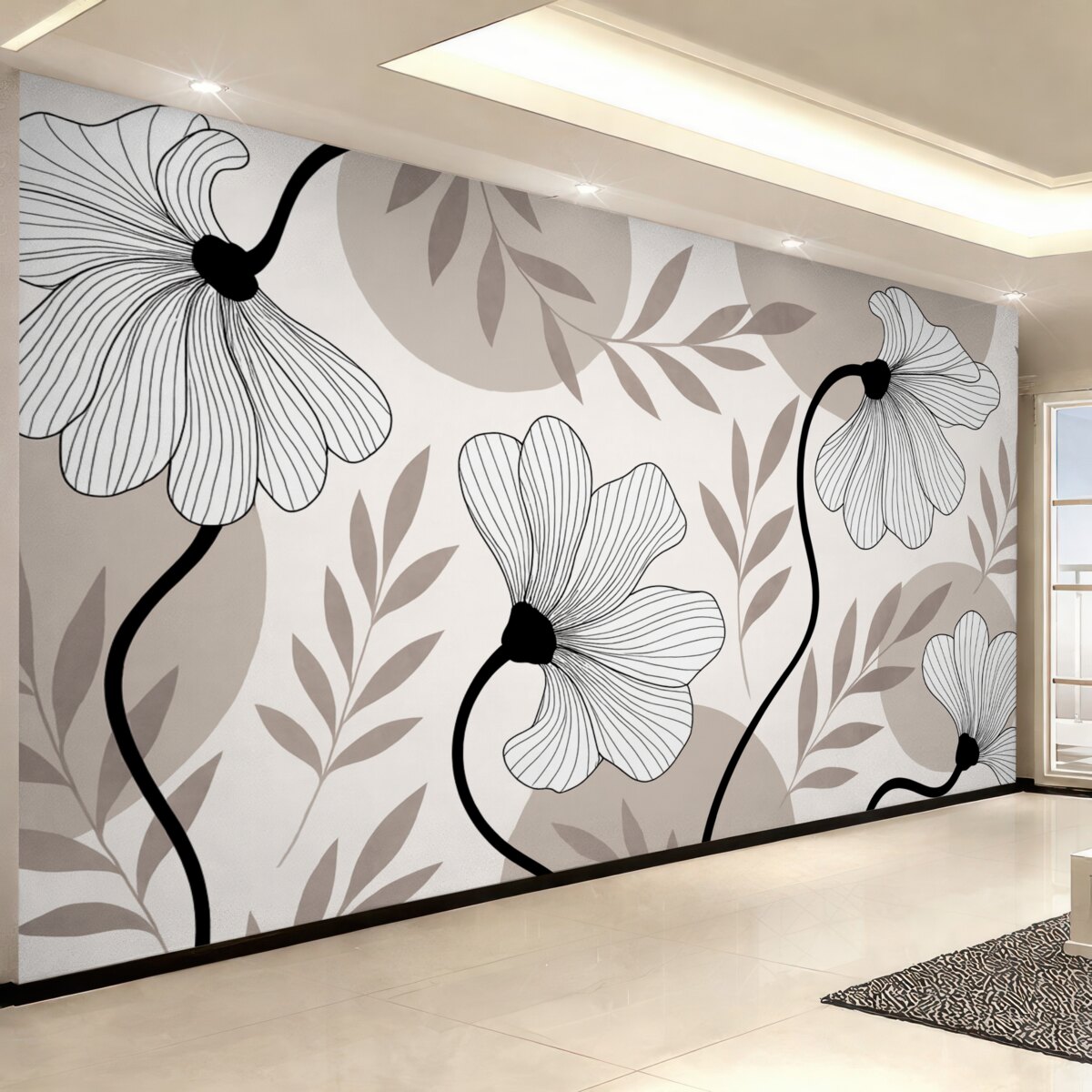 Fototapeta Abstrakcja z roślinami i liśćmi w tonacjach beżowych.