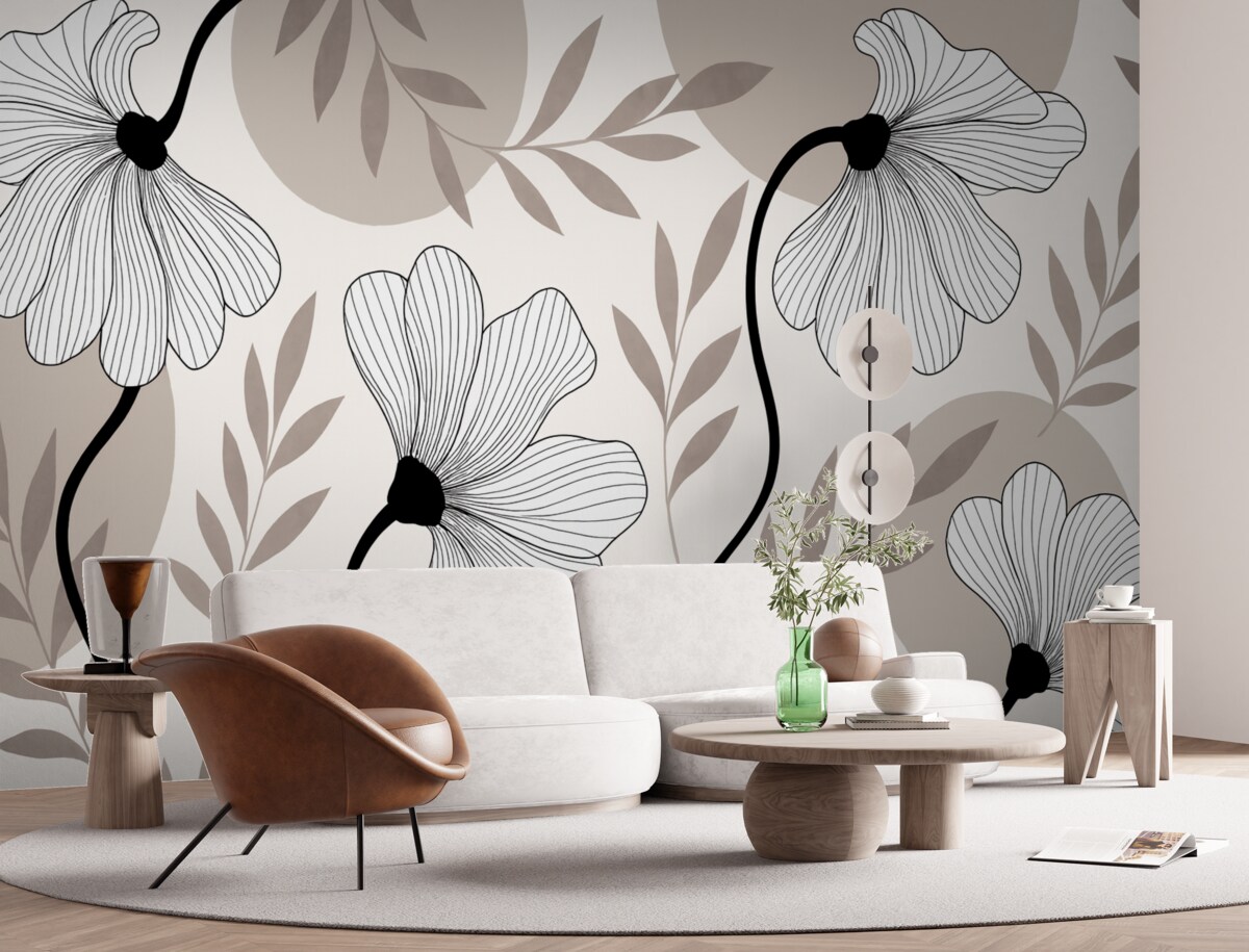 Fototapeta Abstrakcja z roślinami i liśćmi w tonacjach beżowych.