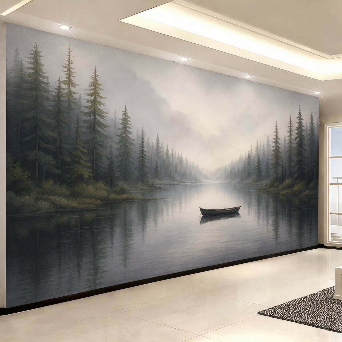 Fototapeta Akwarelowy krajobraz z łodzią na wodzie.