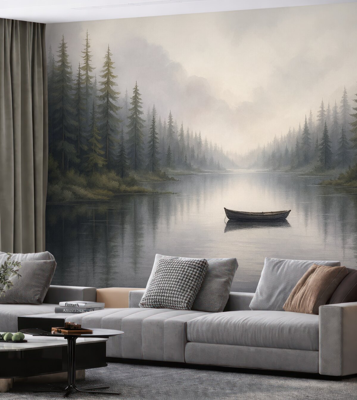 Fototapeta Akwarelowy krajobraz z łodzią na wodzie.