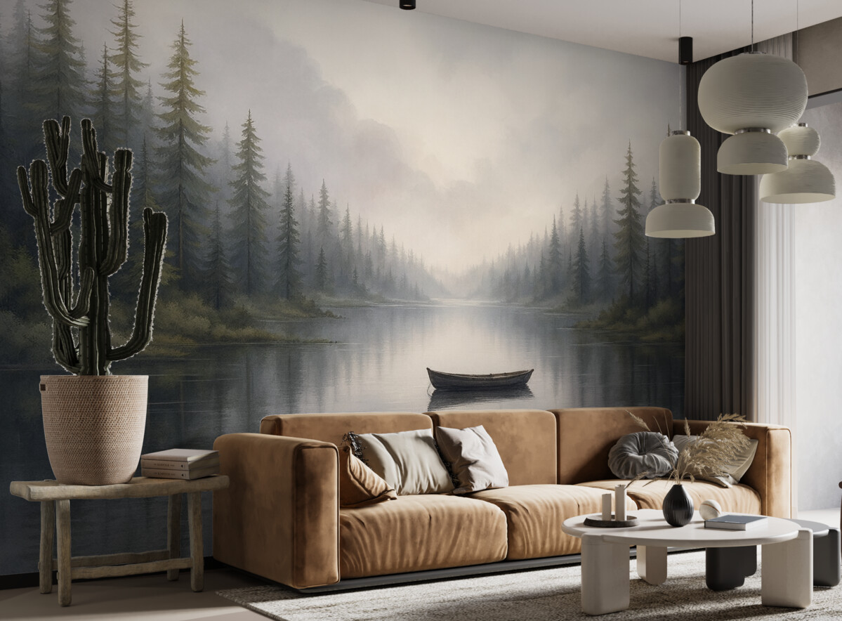 Fototapeta Akwarelowy krajobraz z łodzią na wodzie.