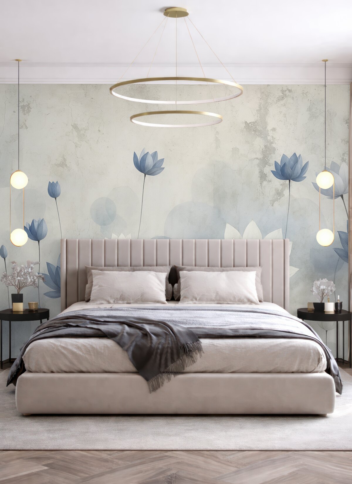 Fototapeta Zniszczona ściana z namalowanymi liliami wodnymi.