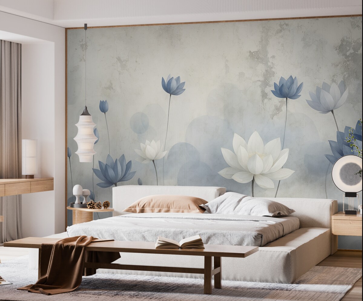 Fototapeta Zniszczona ściana z namalowanymi liliami wodnymi.