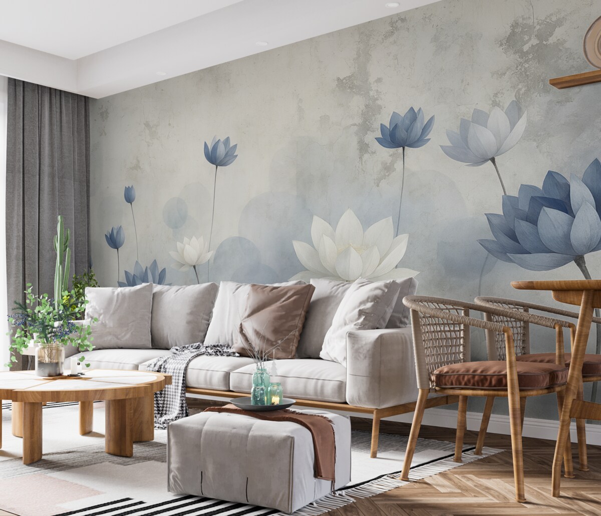 Fototapeta Zniszczona ściana z namalowanymi liliami wodnymi.