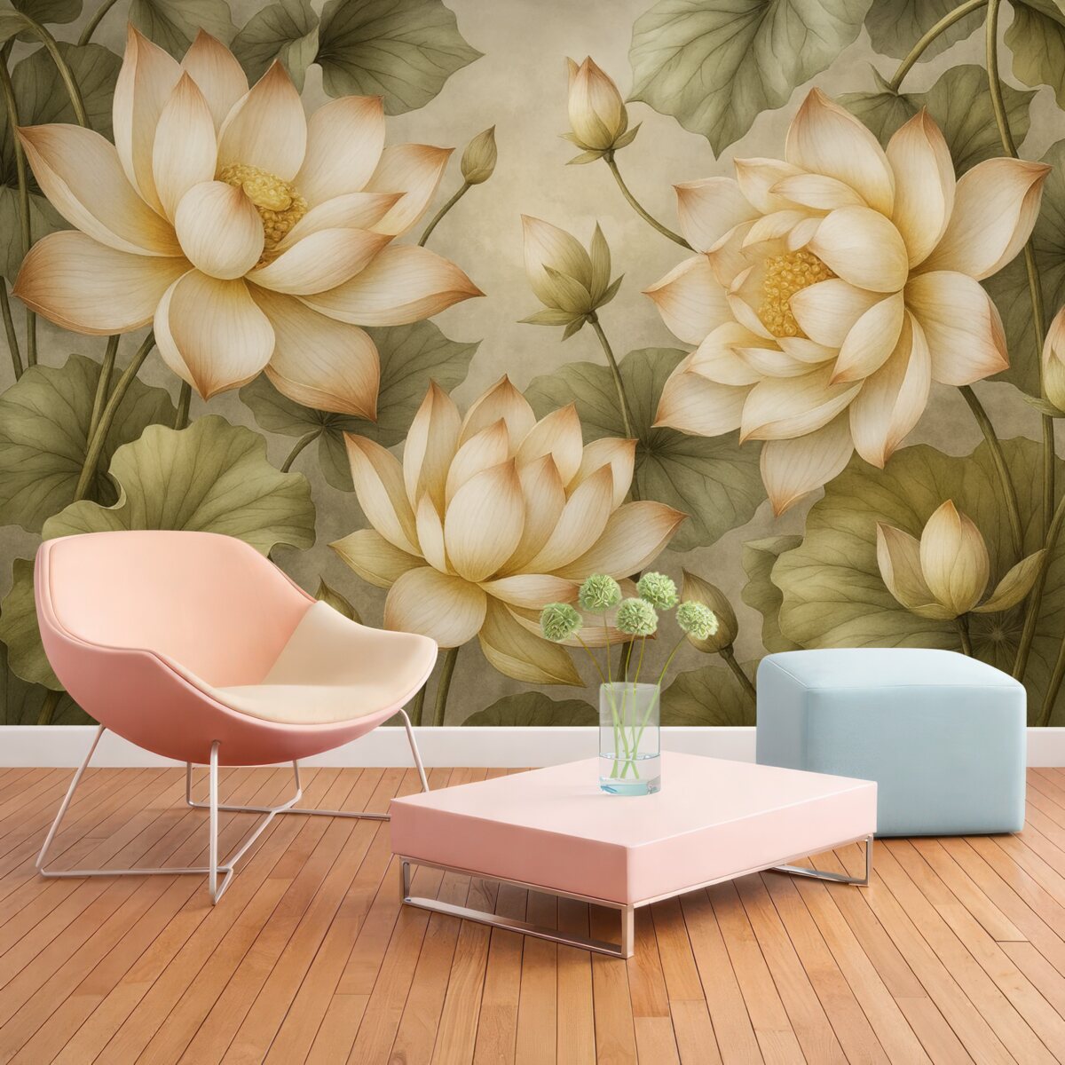 Fototapeta Kwitnący bukiet lotosów opadający z góry.