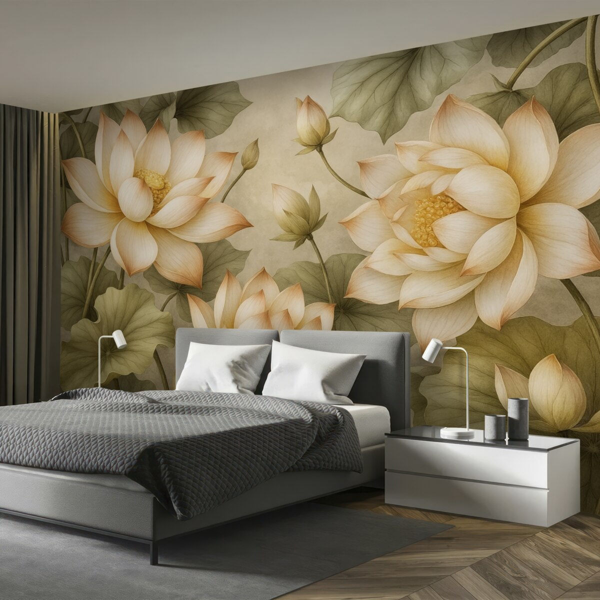 Fototapeta Kwitnący bukiet lotosów opadający z góry.