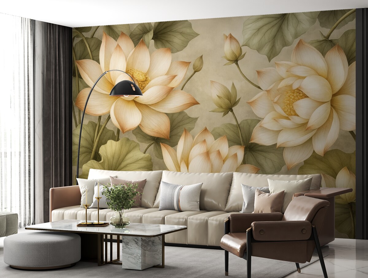 Fototapeta Kwitnący bukiet lotosów opadający z góry.