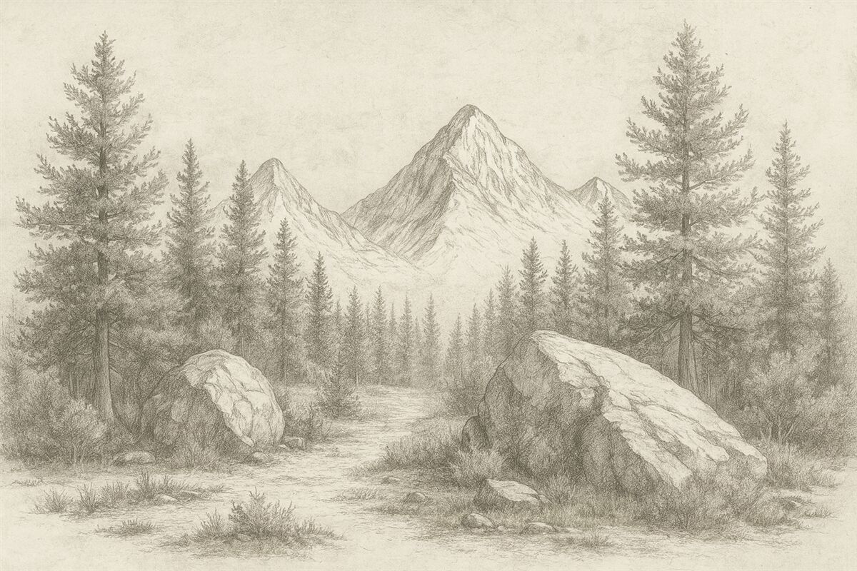 Fototapeta Alpy, góry z lasami, rysunek konturowy, naturalne odcienie.