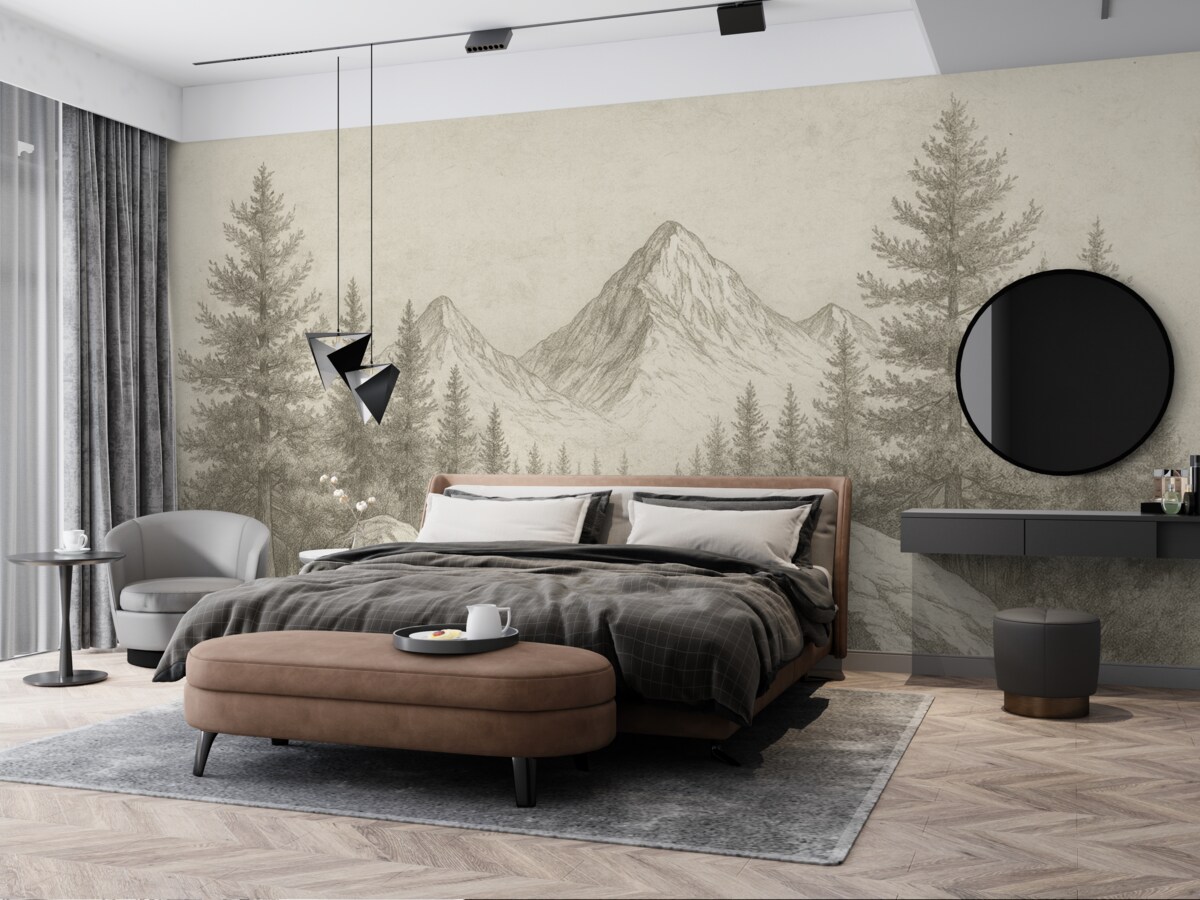 Fototapeta Alpy, góry z lasami, rysunek konturowy, naturalne odcienie.