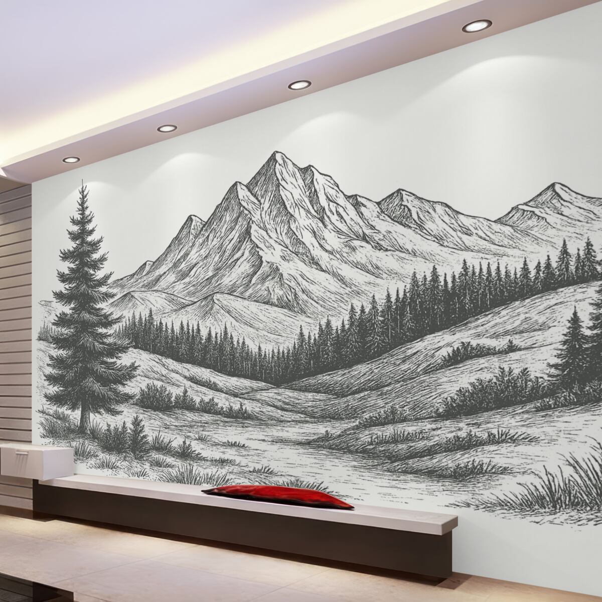 Fototapeta Górski pejzaż z sosnami, las, przyroda, ciemna szarość.