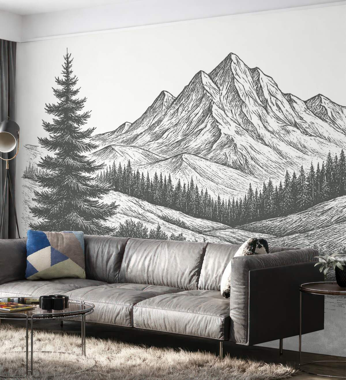 Fototapeta Górski pejzaż z sosnami, las, przyroda, ciemna szarość.