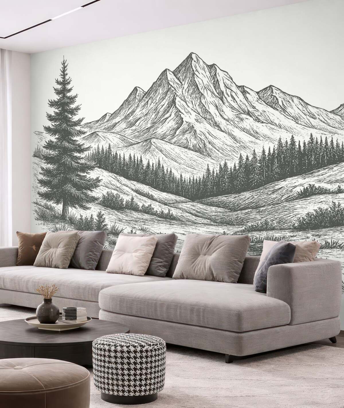 Fototapeta Górski pejzaż z sosnami, las, przyroda, ciemna szarość.