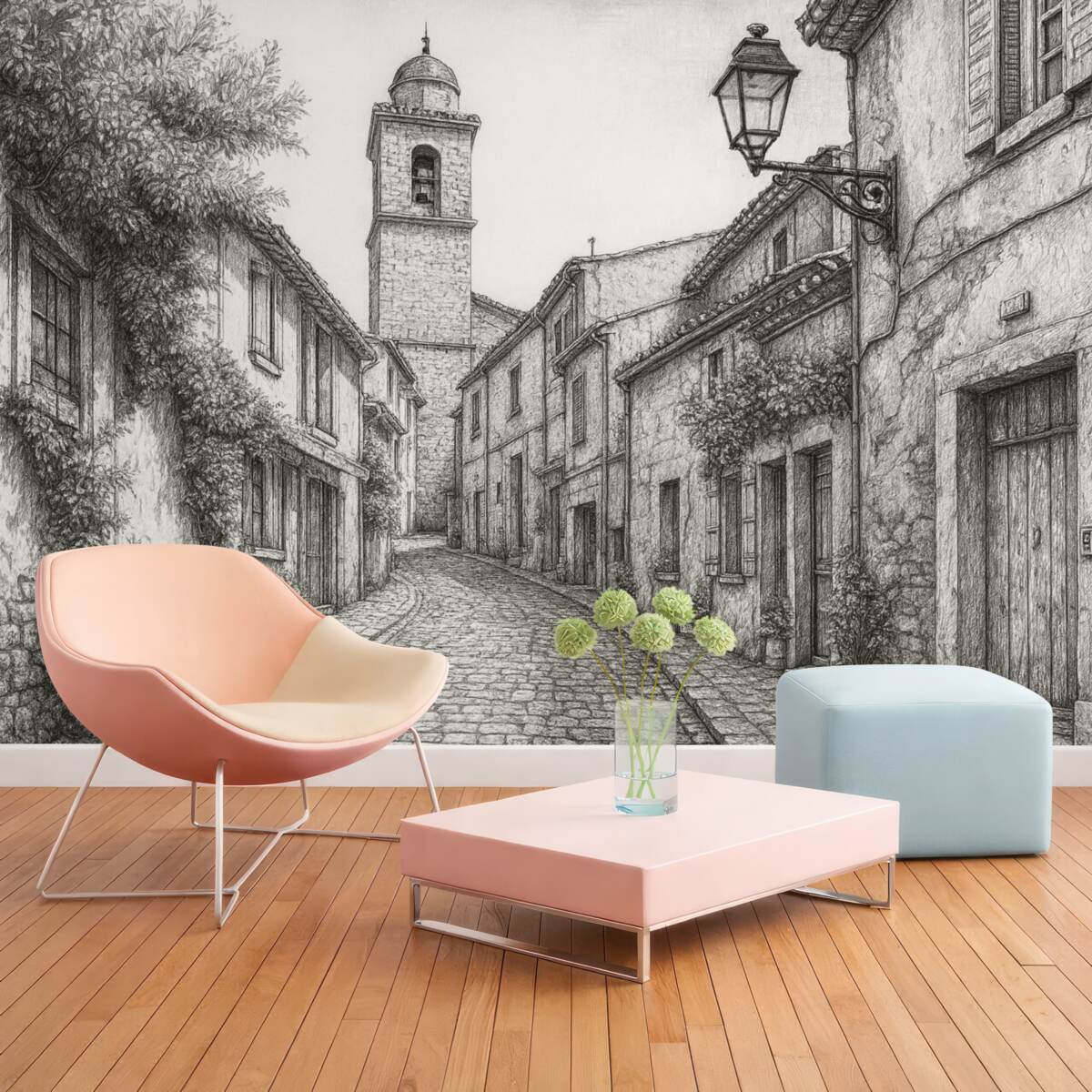 Fototapeta Ulica w mieście, wspaniała architektura, obiekty, śródziemnomorski styl, rysunek konturów, kolor oliwkowy.