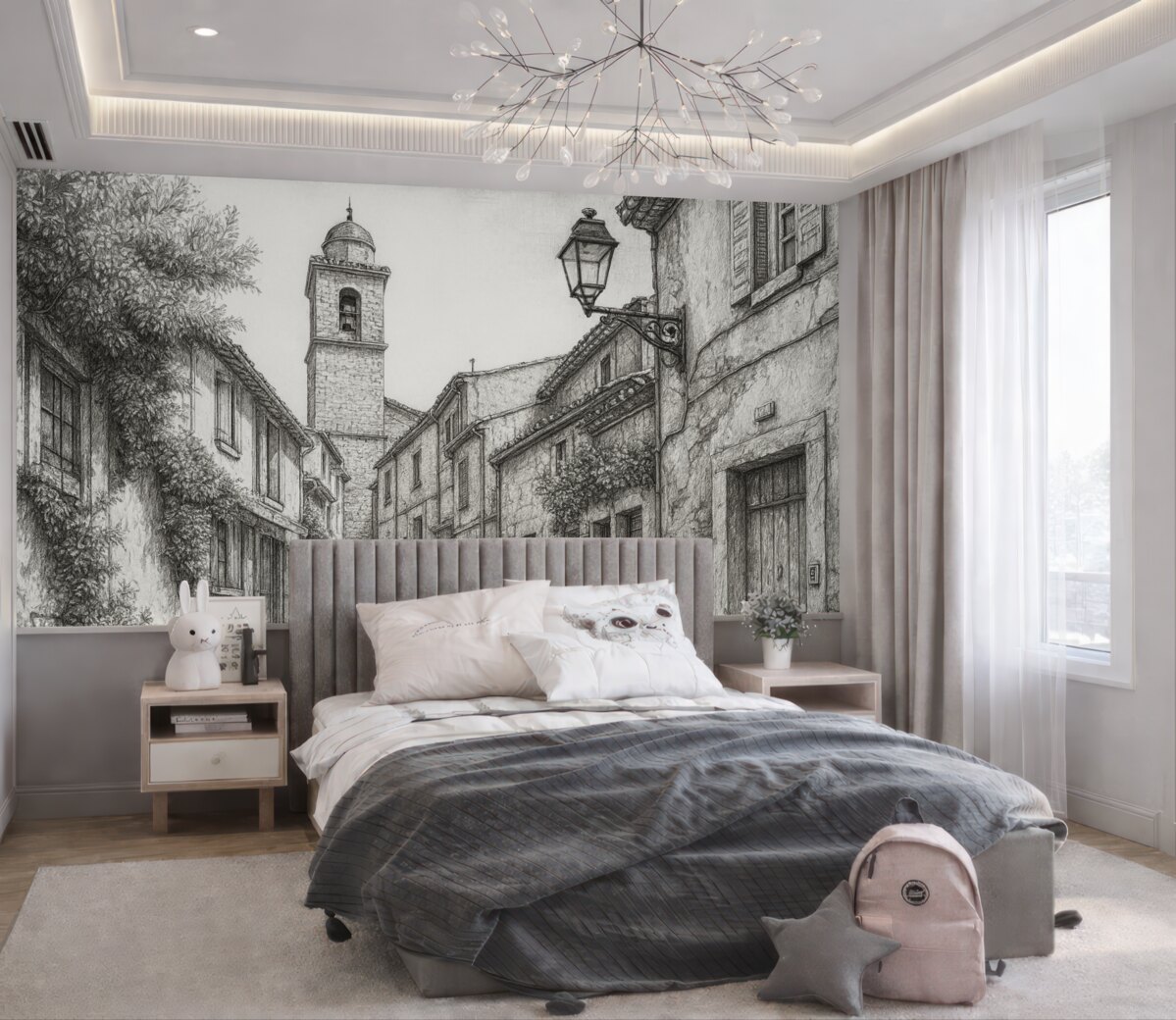 Fototapeta Ulica w mieście, wspaniała architektura, obiekty, śródziemnomorski styl, rysunek konturów, kolor oliwkowy.