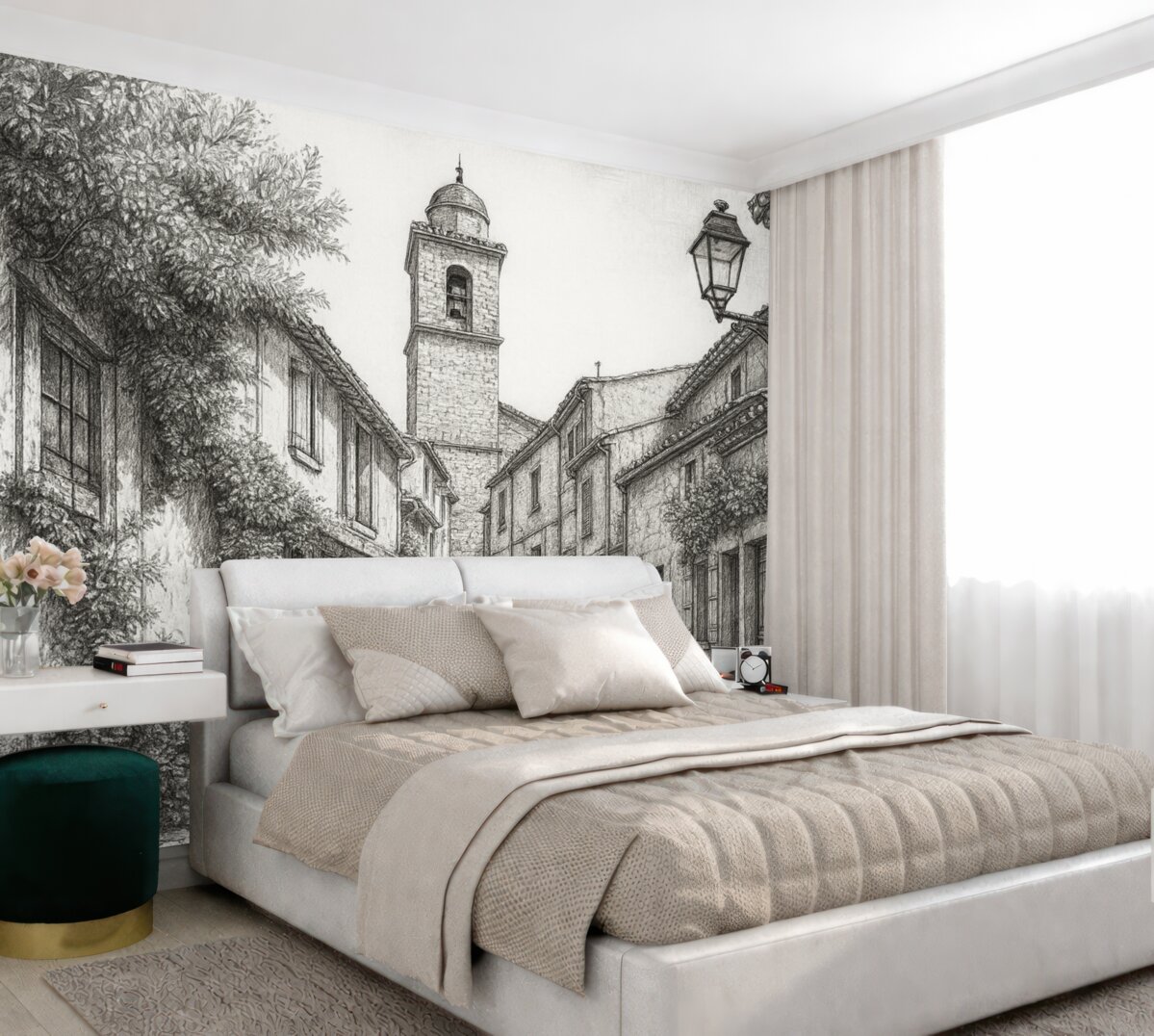 Fototapeta Ulica w mieście, wspaniała architektura, obiekty, śródziemnomorski styl, rysunek konturów, kolor oliwkowy.