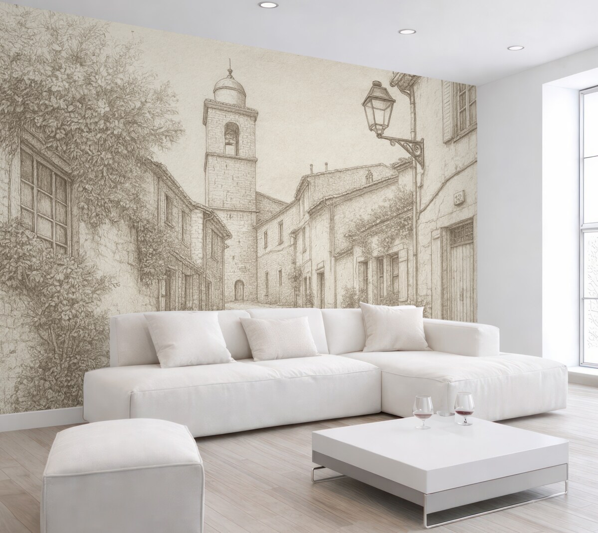 Fototapeta Ulica w mieście, zachwycająca architektura, obiekty, śródziemnomorski, jasne odcienie beżu.