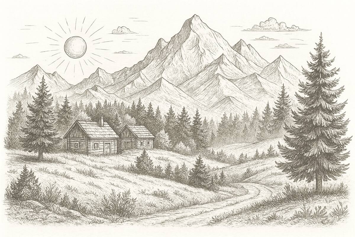 Fototapeta Obraz gór, pejzaże przyrody, lasy, drewniane chaty, odcień beżowy.