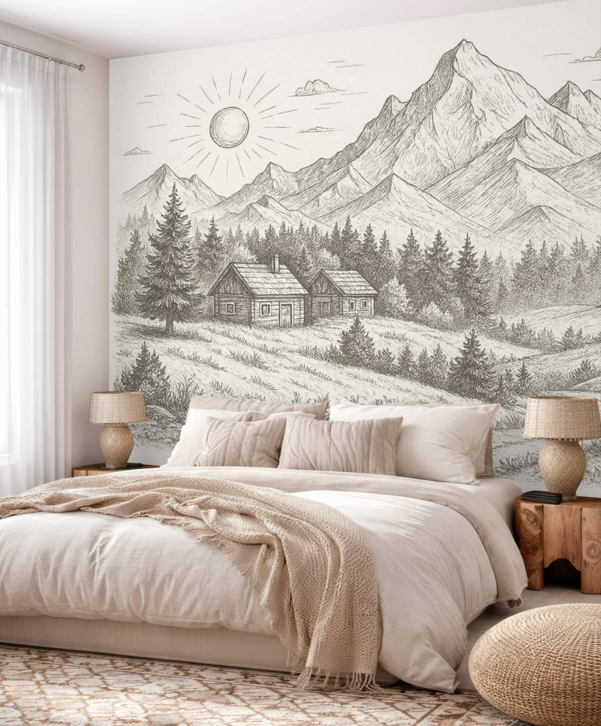 Fototapeta Obraz gór, pejzaże przyrody, lasy, drewniane chaty, odcień beżowy.