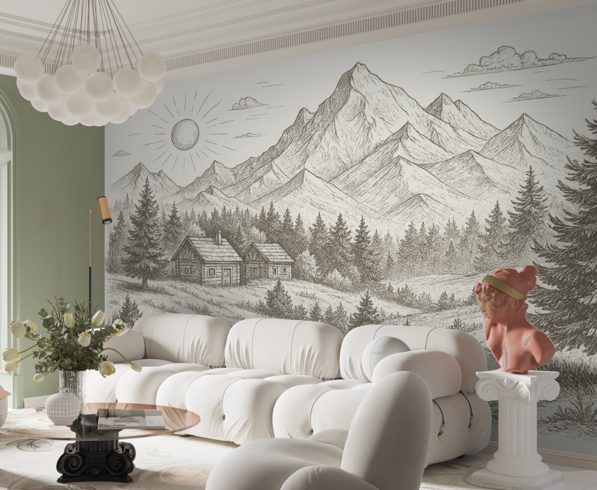 Fototapeta Obraz gór, pejzaże przyrody, lasy, drewniane chaty, odcień beżowy.