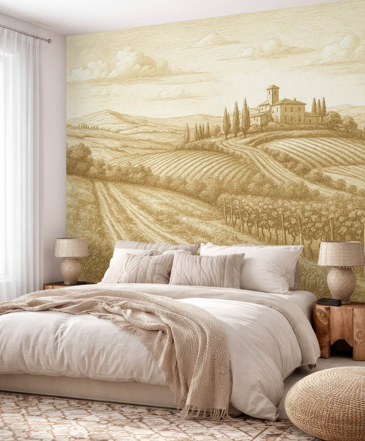 Fototapeta Pejzaże Toskanii, Włochy, winnice, natura, stary zamek, jasne odcienie.