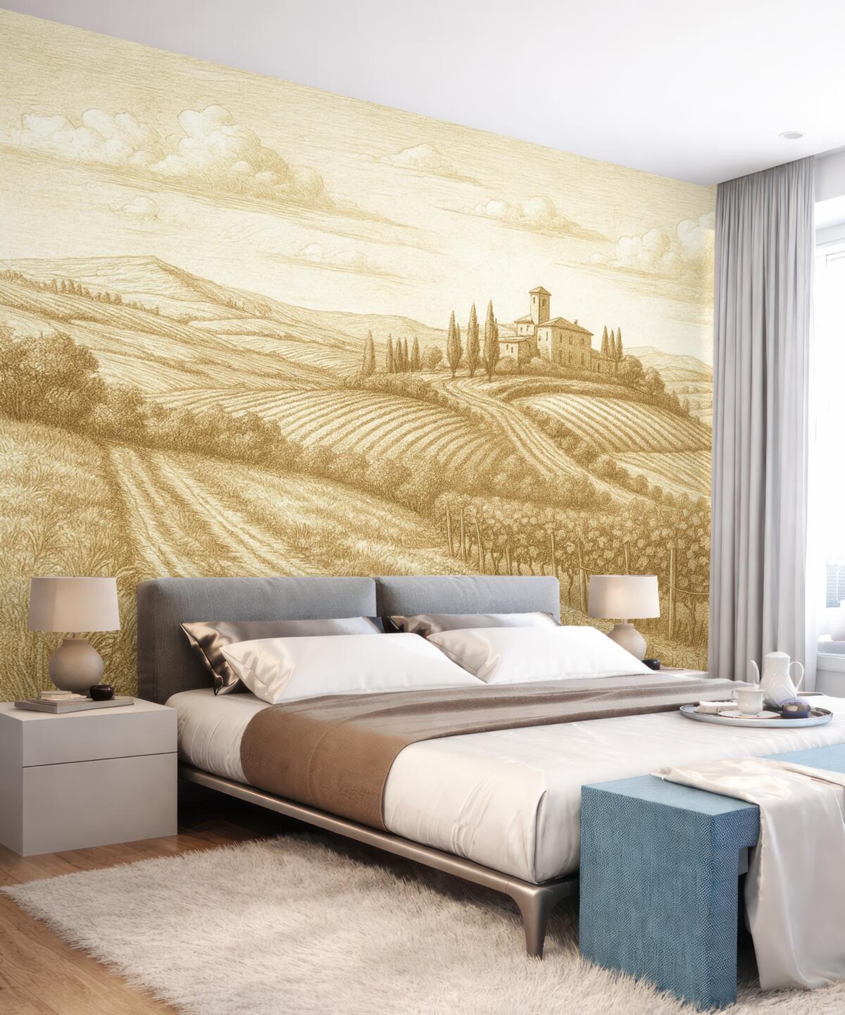 Fototapeta Pejzaże Toskanii, Włochy, winnice, natura, stary zamek, jasne odcienie.