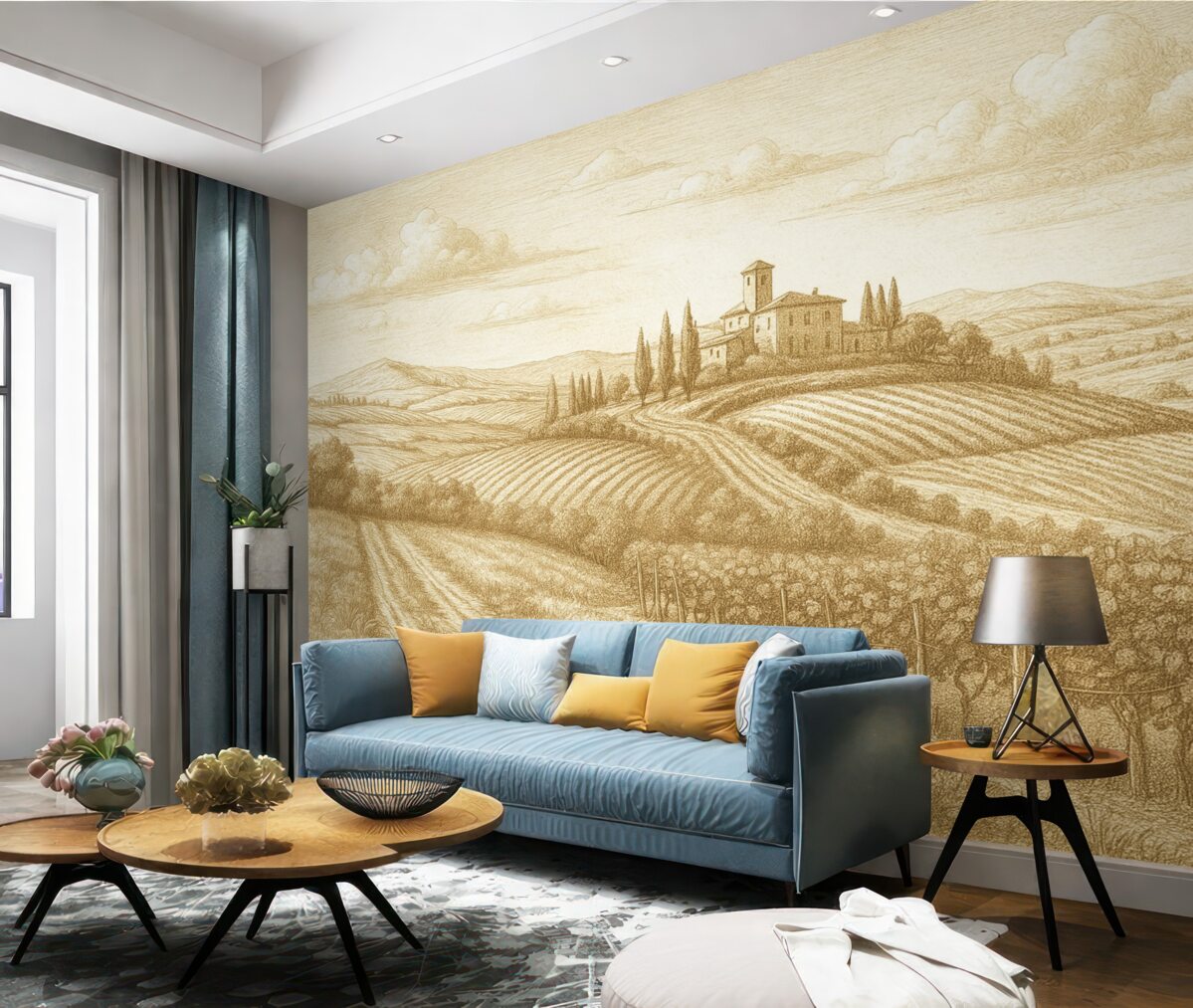 Fototapeta Pejzaże Toskanii, Włochy, winnice, natura, stary zamek, jasne odcienie.