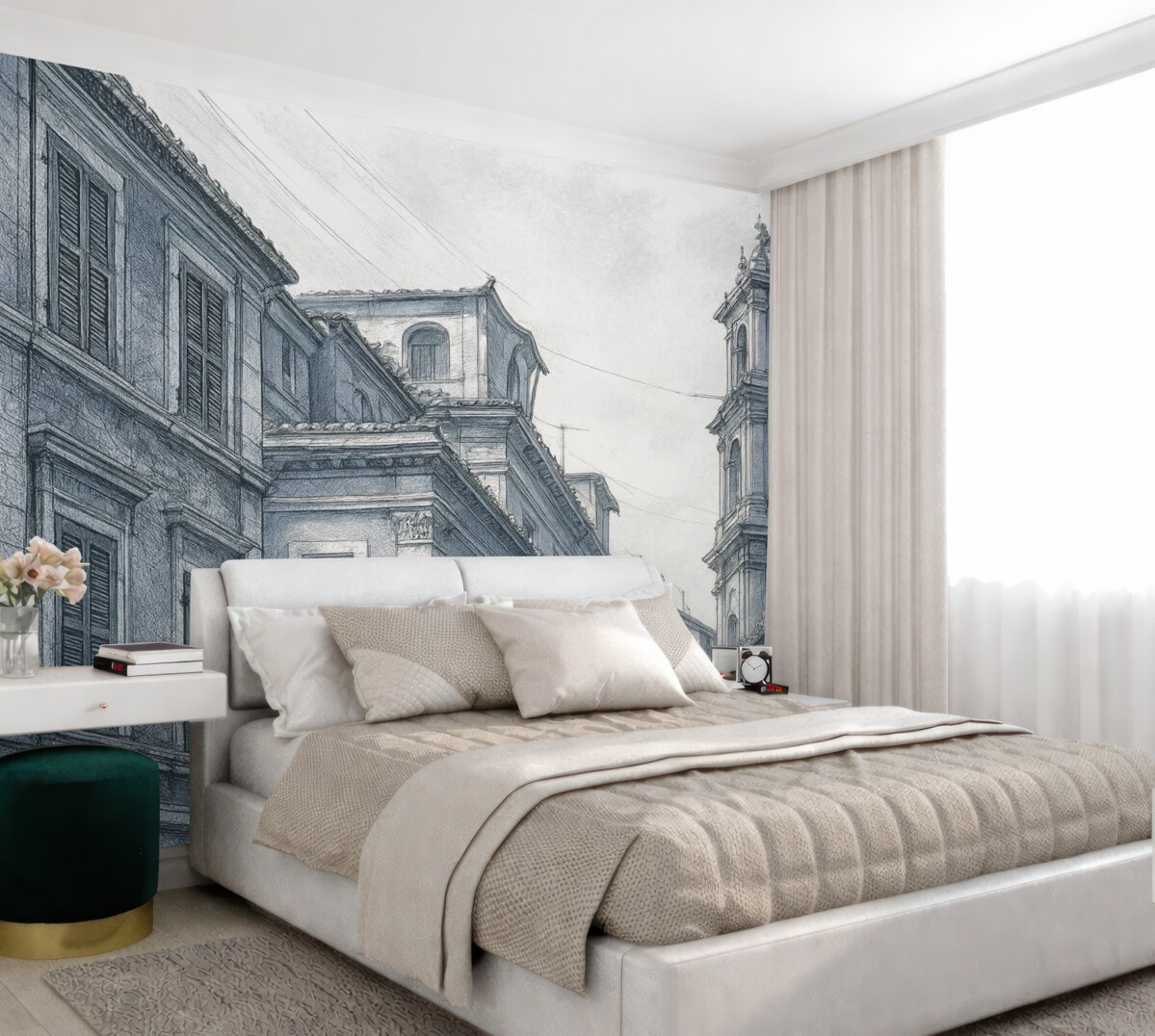 Fototapeta Ulica śródziemnomorska, kapliczka, budownictwo, szarości i odcienie niebieskiego.