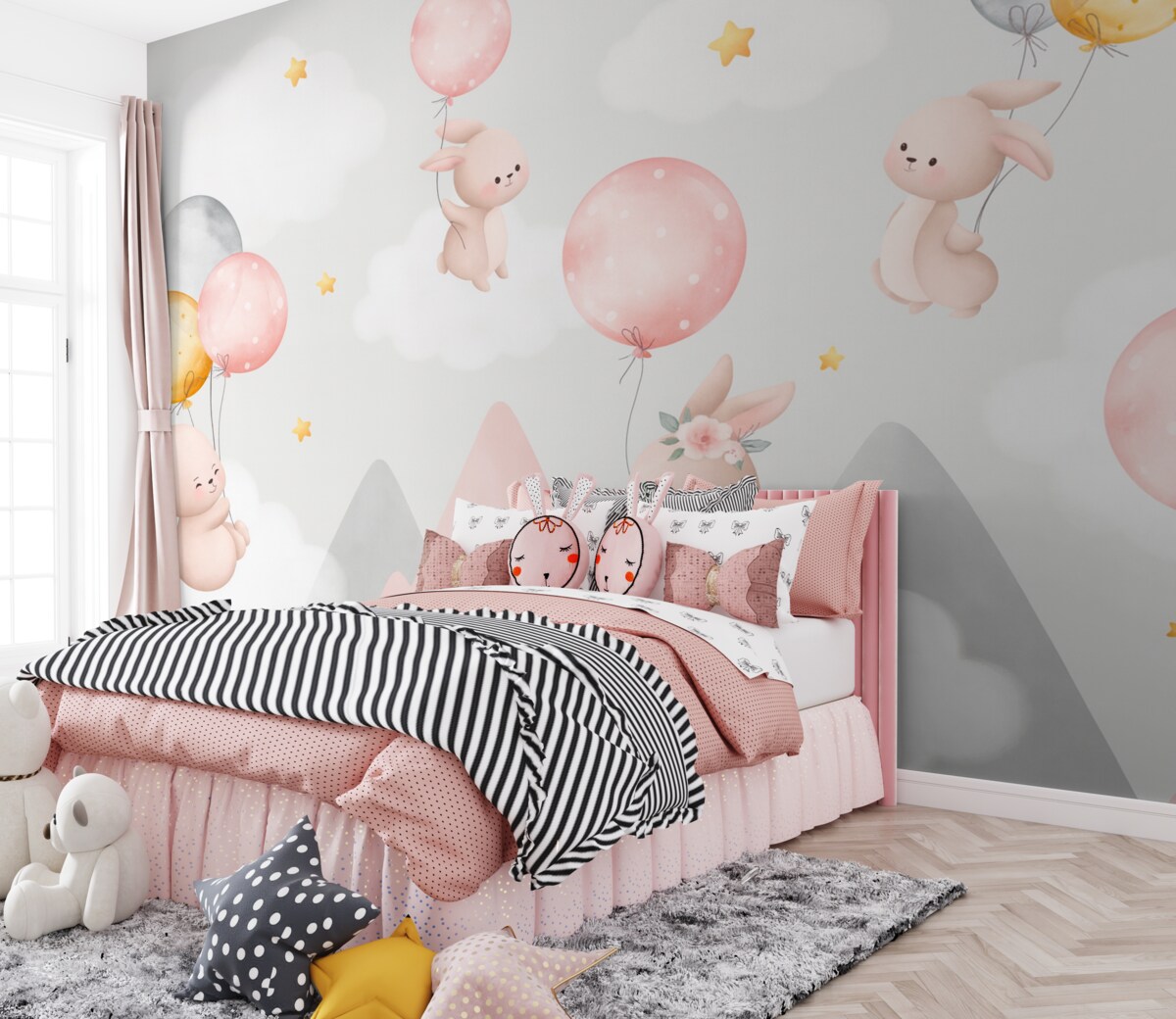 Fototapeta Zajączki z balonami na chmurach pośród górskich wzniesień.