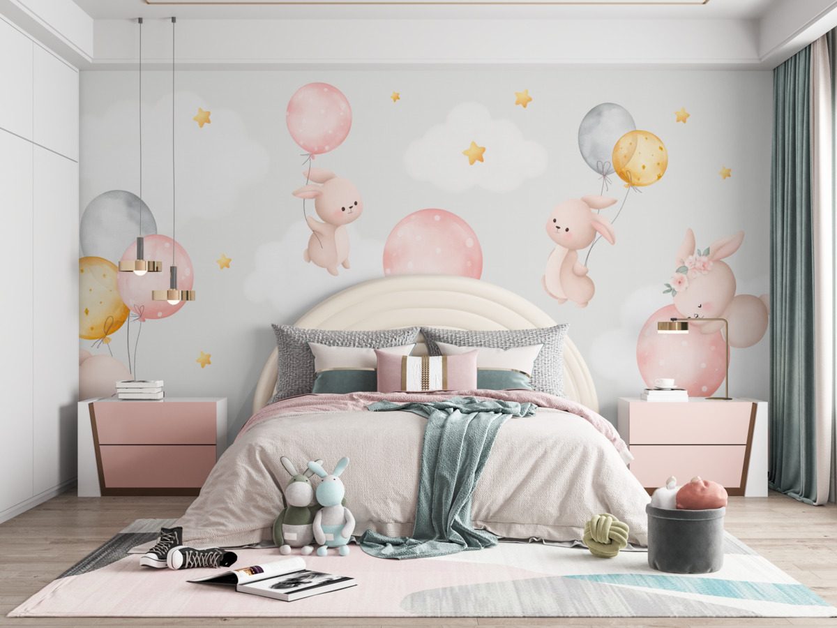 Fototapeta Zajączki z balonami na chmurach pośród górskich wzniesień.